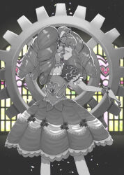 Rule 34 | 1girl, bow, closed eyes, closed mouth, commentary request, dress, facing to the side, falulu, frilled dress, frills, gears, gloves, grey background, hair bow, headphones, highres, idol clothes, jewelry, jinno (jin c kkry), long hair, necklace, partially colored, pretty series, pripara, profile, sidelocks, solo, standing, tiara, twintails