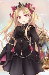 Rule 34 | 1girl, :d, armlet, birdcage, black dress, blush, cage, chain, dress, earrings, ereshkigal (fate), fate/grand order, fate (series), ghost, gradient background, hair ribbon, holding, hsiao, infinity symbol, jewelry, long hair, long sleeves, looking at viewer, open mouth, parted bangs, red eyes, red ribbon, ribbon, skull, smile, solo, sparkle, tiara, tohsaka rin, two side up, very long hair