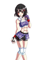 Rule 34 | 1girl, abs, adapted costume, bike shorts, black hair, brown eyes, fingerless gloves, gloves, haguro (kancolle), hair ornament, kantai collection, looking at viewer, midriff, mma gloves, navel, rigid, rigidsteed, short hair, shorts, simple background, sports bra