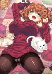 Rule 34 | 1girl, :d, animal, aoki kaede, aran sweater, arm up, bare shoulders, black ribbon, blush, breasts, brown hair, brown pantyhose, cable knit, cat, cat hair ornament, clothing cutout, commentary request, fangs, green eyes, hair between eyes, hair ornament, hair ribbon, hand up, highres, large breasts, long sleeves, looking at viewer, lying, nail polish, on back, on floor, open mouth, original, panties, panties under pantyhose, pantyhose, red nails, red sweater, ribbed sweater, ribbon, shoulder cutout, sleeves past wrists, smile, solo, spread legs, suzunone rena, sweater, teeth, thighband pantyhose, two side up, underwear, upper teeth only, white cat, white panties, yarn, yarn ball