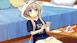 Rule 34 | 1girl, animal hood, ao no kanata no four rhythm, ao no kanata no four rhythm -es-, arisaka mashiro, bed, black shirt, blush, brown hair, cake, cat hood, cellphone, clothes writing, collarbone, female focus, food, game cg, hair between eyes, holding, holding phone, hood, indoors, leaning back, long hair, official art, parted lips, phone, purple eyes, shirt, shorts, sitting, smartphone, suzumori, thighs, twintails, white shorts