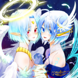 Rule 34 | 2girls, angel wings, bare shoulders, blue eyes, blue hair, breasts, cleavage, closed mouth, crescent, crescent hair ornament, facial mark, feathered wings, filia (star ocean), forehead jewel, forehead mark, hair ornament, halo, highres, looking at viewer, multiple girls, open mouth, pointy ears, ponyo soa, red eyes, rena lanford, short hair, small breasts, smile, star (sky), star ocean, star ocean anamnesis, star ocean the second story, wings