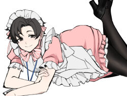 Rule 34 | 1boy, apron, black eyes, black footwear, black hair, black pantyhose, blue archive, blue archive the animation, bow, bowtie, commentary, crossdressing, dress, english commentary, hair ribbon, hand on own arm, high heels, highres, kyou (ningiou), looking at viewer, lying, maid, maid apron, maid headdress, male focus, pantyhose, pink bow, pink bowtie, pink dress, pink ribbon, puffy short sleeves, puffy sleeves, ribbon, sakata shougo, sensei (blue archive), sensei (blue archive the animation), short hair, short sleeves, simple background, smile, solo, striped bow, striped bowtie, striped clothes, voice actor connection, white background