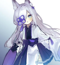 Rule 34 | 1girl, after suko, animal ear fluff, animal ears, azur lane, black bodysuit, blue eyes, bodysuit, eyepatch, flower eyepatch, fox ears, gradient background, hair over one eye, japanese clothes, kasumi (azur lane), long hair, long sleeves, parted lips, ribbon-trimmed sleeves, ribbon trim, silver hair, simple background, solo, thighhighs, very long hair, white thighhighs, wide sleeves
