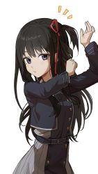 Rule 34 | 1girl, absurdres, black hair, blue jacket, blush, braid, commentary request, hands up, highres, inoue takina, jacket, klakmon, long hair, long sleeves, looking at viewer, lycoris recoil, lycoris uniform, purple eyes, red ribbon, ribbon, simple background, solo, white background