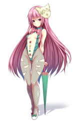 Rule 34 | 1girl, arms behind back, bow, bowtie, breasts, ebi 193, expressionless, fishnet pantyhose, fishnets, footwear bow, full body, green bow, hata no kokoro, long hair, looking at viewer, mask, navel, new mask of hope, pantyhose, parasol, pink bow, pink bowtie, pink eyes, pink hair, race queen, revealing clothes, shoes, small breasts, solo, touhou, umbrella, very long hair, white footwear, wide hips