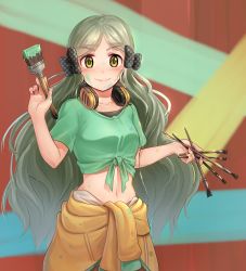 Rule 34 | 10s, 1girl, absurdres, black bow, blush, bow, breasts, closed mouth, collarbone, cowboy shot, crop top, green eyes, grey hair, hair bow, handa roco, headphones, headphones around neck, highres, holding, holding paintbrush, idolmaster, idolmaster million live!, kamille (vcx68), long hair, looking at viewer, medium breasts, midriff, navel, paintbrush, smile, solo