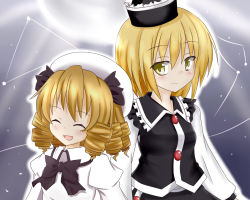 Rule 34 | 2girls, beam, blonde hair, bow, buttons, constellation, dress, drill hair, closed eyes, female focus, grey background, hachimi, hair ribbon, hat, light, long sleeves, looking at another, luna child, lunasa prismriver, multiple girls, night, night sky, open mouth, ribbon, short hair, sky, smile, star (sky), touhou, vest, white dress, yellow eyes