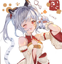 Rule 34 | 1girl, :p, animal ears, animal hands, bare shoulders, blush, cat ears, cat tail, chinese clothes, detached sleeves, eyelashes, hair ornament, happy, long hair, looking at viewer, niii, one eye closed, original, silver hair, sketch, smile, solo, tail, tongue, tongue out, translation request, twintails