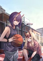 Rule 34 | adjusting clothes, adjusting legwear, alternate costume, ball, basketball, basketball (object), basketball hoop, basketball uniform, blonde hair, blush, breasts, clothes writing, commentary request, contemporary, day, earrings, fang, fang out, fate/grand order, fate (series), hair between eyes, highres, holding, holding ball, horns, ibaraki douji (fate), jewelry, long hair, looking at viewer, loose clothes, loose shirt, miyabino (miyabi1616), multiple girls, national basketball association, oni, open mouth, outdoors, pointy ears, purple eyes, purple hair, shirt, shoes, short hair, shorts, shuten douji (fate), sideboob, skin-covered horns, small breasts, smile, sneakers, sportswear, standing, sweat, wristband, yellow eyes