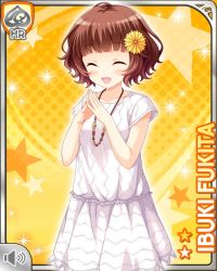 Rule 34 | 1girl, beads, bird, brown eyes, brown hair, card, character name, dress, duck, closed eyes, fukita ibuki, girlfriend (kari), hair ornament, hairclip, jewelry, looking at viewer, necklace, official art, open mouth, qp:flapper, short hair, short sleeves, smile, socks, white dress, yellow background