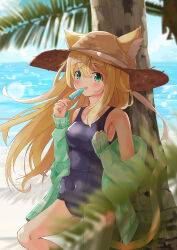 Rule 34 | 1girl, animal ears, bare shoulders, beach, blonde hair, blue one-piece swimsuit, breasts, brown hat, cat ears, cat girl, cat tail, closed mouth, collarbone, commentary request, covered navel, day, ears through headwear, food, green eyes, green jacket, hair between eyes, hat, highres, holding, holding food, holding popsicle, jacket, long hair, long sleeves, manabe mana, medium breasts, ocean, one-piece swimsuit, original, outdoors, palm tree, popsicle, sleeves past wrists, solo, standing, sun hat, swimsuit, tail, tongue, tongue out, tree