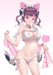 Rule 34 | 1girl, animal ears, bell, blush, bra, breasts, brown hair, cat cutout, cat ear panties, cat ears, cat lingerie, choker, cleavage, cleavage cutout, clothing cutout, gluteal fold, groin, headgear, highres, jingle bell, large breasts, long hair, looking at viewer, meme attire, mhk (mechamania), navel, neck bell, original, panties, red eyes, short hair, short twintails, side-tie panties, simple background, skindentation, solo, strap slip, twintails, underwear, underwear only, untied panties, white bra, white panties
