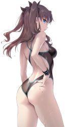 Rule 34 | 1girl, absurdres, ass, back, black one-piece swimsuit, black ribbon, blue eyes, breasts, brown hair, competition swimsuit, fate/stay night, fate (series), floating hair, gomashio ponz, hair ornament, highres, long hair, looking at viewer, looking back, medium breasts, one-piece swimsuit, ribbon, simple background, solo, swimsuit, tohsaka rin, two side up, water drop, wet, wet clothes, white background, wristband
