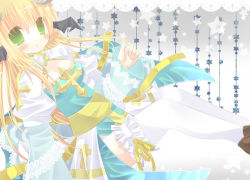 Rule 34 | 1girl, :&lt;, arch bishop (ragnarok online), bat wings, black wings, blonde hair, blue dress, blush, breasts, brown footwear, cleavage, cleavage cutout, closed mouth, clothing cutout, commentary request, cross, dress, feet out of frame, frilled thighhighs, frills, green eyes, gyorui (yakiudonnn), hair between eyes, head wings, hexagram, juliet sleeves, long hair, long sleeves, looking at viewer, medium breasts, puffy sleeves, ragnarok online, sash, shoes, solo, star (symbol), thighhighs, two-tone dress, white dress, white thighhighs, wings, yellow sash