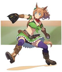 Rule 34 | 1girl, absurdres, animal ears, arm garter, arms up, bandana, bandeau, bare shoulders, baseball, baseball glove, belt, bike shorts, boots, breasts, brown footwear, brown gloves, brown hair, cleavage, crop top, full body, gloves, green eyes, green skirt, gun, handgun, hat on back, high heel boots, high heels, highres, holster, holstered, horse ears, horse girl, horse tail, jewelry, looking afar, medium breasts, midriff, motion blur, navel, necklace, nishiki kazue, outstretched arm, pitching, ponytail, purple thighhighs, revolver, sequential, short hair, skirt, solo, standing, taiki shuttle (umamusume), tail, thighhighs, throwing, umamusume, upskirt, v-shaped eyebrows, weapon, white background