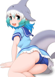 Rule 34 | 1girl, ass, bagua zhang, blowhole, blue eyes, blue hair, blush, cetacean tail, common bottlenose dolphin (kemono friends), crotch seam, dolphin girl, dorsal fin, dress, fins, fish tail, frills, grey hair, head fins, kemono friends, looking at viewer, miniskirt, multicolored hair, open mouth, panties, pantyshot, sailor collar, sailor dress, short dress, short hair, short sleeves, skirt, smile, solo, tail, underwear, upskirt, white hair
