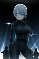 Rule 34 | 1girl, 2boys, absurdres, belt, black belt, blue eyes, bodysuit, breasts, covered navel, glowing, glowing eyes, gun, handgun, highres, holding, holding gun, holding weapon, holster, impossible clothes, large breasts, looking at viewer, military, multiple boys, original, parted lips, pistol, searchlight, short hair, silver hair, skin tight, solo focus, thigh holster, thigh strap, united states air force, weapon, z.taiga