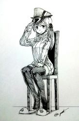 Rule 34 | 10s, 1girl, alternate costume, blush, cat, chair, clenched hand, full body, gouta (nagishiro6624), gradient background, greyscale, hair between eyes, hair ribbon, hand on headwear, hat, kantai collection, long hair, long sleeves, monochrome, pantyhose, peaked cap, prinz eugen (kancolle), ribbon, sitting, sleeves past wrists, slippers, smile, solo, sweater, thighhighs, traditional media, turtleneck, turtleneck sweater, twintails, twitter username, zettai ryouiki