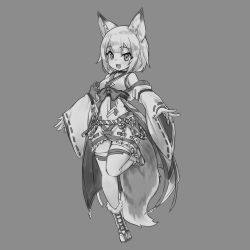 Rule 34 | 1girl, animal ears, blush, breasts, detached sleeves, fang, fox ears, fox girl, fox tail, full body, greyscale, japanese clothes, looking at viewer, medium breasts, miko, monochrome, nyifu, open mouth, original, short hair, smile, solo, tail