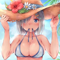 Rule 34 | 1girl, bikini, blue bikini, blue eyes, blush, breasts, cleavage, closed mouth, collarbone, day, flower, fumikiri, hair ornament, hair over one eye, hairclip, halterneck, hamakaze (kancolle), hands on headwear, hat, hat flower, kantai collection, large breasts, looking at viewer, mouth hold, outdoors, short hair, silver hair, skindentation, smile, solo, sun hat, swimsuit, untied bikini, upper body