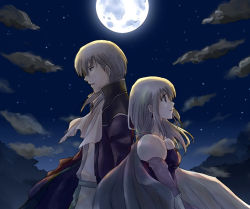 Rule 34 | 1boy, 1girl, back-to-back, blonde hair, brother and sister, cloud, eldigan (fire emblem), fire emblem, fire emblem: genealogy of the holy war, full moon, harushino, lachesis (fire emblem), moon, night, nintendo, outdoors, siblings, sky