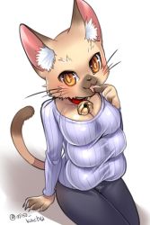 Rule 34 | 1girl, cat, extra breasts, furry, furry female, miso kachu, smile, solo, sweater, tongue