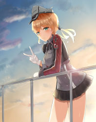 Rule 34 | 10s, 1girl, black skirt, blonde hair, blush, breasts, closed mouth, gloves, green eyes, grey hat, hat, highres, kantai collection, kira (pixiv10023770), looking at viewer, medium breasts, prinz eugen (kancolle), railing, short hair, skirt, smile, solo, standing, v, white gloves