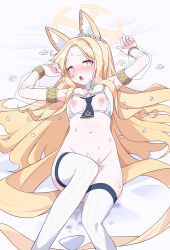 Rule 34 | 1girl, absurdly long hair, absurdres, adapted costume, animal ears, aroused, blonde hair, blue archive, bra, bra aside, bright pupils, clothes pull, covered erect nipples, drooling, extra ears, flower, forehead, fox ears, gradient eyes, hair flower, hair ornament, halo, head wreath, highres, knees up, long hair, lying, multicolored eyes, navel, nipples, no panties, on back, open mouth, orange eyes, parted bangs, posaru, pussy juice, saliva, see-through, see-through sleeves, seia (blue archive), smile, solo, stomach, striped clothes, striped thighhighs, sweat, tearing up, thighhighs, underwear, vertical-striped clothes, vertical-striped thighhighs, very long hair, white bra, white flower, white pupils, white thighhighs, yellow eyes