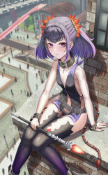 Rule 34 | baton (weapon), belt, black choker, bracelet, braid, choker, city, commentary, crowd, flower, hair flower, hair ornament, highres, jewelry, looking at viewer, mole, mole under eye, nail polish, purple eyes, purple hair, red nails, revealing clothes, shadow, sideless outfit, silvertsuki, symonne (tales), tales of (series), tales of zestiria, thighhighs, twintails, weapon