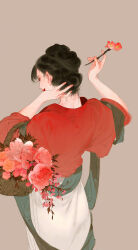 Rule 34 | 1girl, basket, black hair, cherry blossoms, chinese clothes, chinese hairpin, flower basket, from above, from behind, green shawl, grey background, hair bun, hair ornament, hair stick, hanfu, highres, ibuki satsuki, original, pale skin, red lips, red shirt, ruqun, shirt, skirt, solo, upper body, white skirt