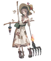 Rule 34 | 1girl, absurdres, bag, bird, braid, brown eyes, brown hair, dress, full body, grimlight, hat, hat feather, highres, holding rake, huwari (dnwls3010), lantern, leaning forward, long sleeves, mouth hold, official art, patchwork clothes, patchwork skin, rake, scarecrow (grimlight), shoes, solo, twin braids