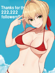 Rule 34 | 1girl, ahoge, bikini, blue sky, breasts, cloud, cocq taichou, collarbone, covered erect nipples, day, fate/extra, fate/grand order, fate (series), green eyes, hair between eyes, hair intakes, hair ribbon, large breasts, looking at viewer, navel, nero claudius (fate), nero claudius (fate) (all), nero claudius (fate/extra), red bikini, red ribbon, ribbon, sky, smile, solo, swimsuit, thank you