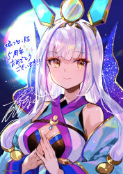 Rule 34 | 1girl, anniversary, bare shoulders, blush, cleavage cutout, clothing cutout, commentary request, copyright notice, detached sleeves, fuzichoco, headgear, looking at viewer, official art, oshiro project:re, oshiro project:re, second-party source, signature, smile, solo, tsuki no miyako (oshiro project), upper body, white hair, yellow eyes