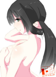 Rule 34 | 1girl, black hair, breasts, covering privates, covering breasts, female focus, green eyes, inaka keikou, large breasts, long hair, looking back, nude, original, sho yayoi, simple background, solo, standing, upper body, white background
