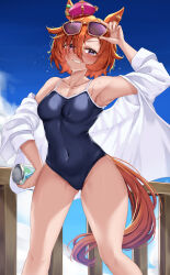 Rule 34 | 1girl, absurdres, ahoge, animal ears, arm up, armpits, beach, blue one-piece swimsuit, blue sky, blush, bottle, breasts, cloud, cloudy sky, collarbone, commentary request, covered navel, crown, ear ornament, feet out of frame, grin, hair between eyes, hand on own hip, highres, holding, holding bottle, horse ears, horse girl, horse tail, long sleeves, looking at viewer, medium breasts, mini crown, navel, new school swimsuit, ocean, one-piece swimsuit, open clothes, open shirt, orange hair, outdoors, purple eyes, sand, school swimsuit, shirt, shirt partially removed, short hair, sky, smile, solo, standing, sunglasses, swimsuit, t.m. opera o (umamusume), tabunshake, tail, umamusume, water, white shirt, wooden railing, yellow-framed eyewear