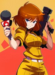 Rule 34 | 1girl, animification, april o&#039;neil, belt, blue eyes, breasts, brown hair, camera, cleavage, grin, highres, holding, holding camera, holding microphone, jumpsuit, light blush, looking at viewer, medium breasts, microphone, orange background, polka dot, polka dot background, reporter, sakurajyousui nami, short hair, short sleeves, smile, solo, teenage mutant ninja turtles, teenage mutant ninja turtles (80s), tv camera, white belt, yellow jumpsuit