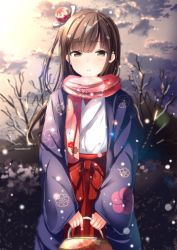 Rule 34 | 1girl, bare tree, brown eyes, brown hair, floral print, highres, japanese clothes, long hair, looking at viewer, miko, morerin, original, scarf, snowing, solo, tree