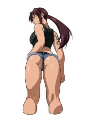 Rule 34 | 1girl, antonio malara, ass, black lagoon, black tank top, breasts, brown eyes, brown hair, closed mouth, commission, crop top, cropped legs, denim, denim shorts, from below, hand on own hip, highres, large breasts, long hair, looking at viewer, midriff, revy (black lagoon), shorts, smile, tank top, white background