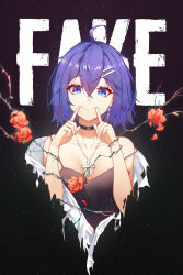 Rule 34 | 1girl, absurdres, ahoge, bare arms, bare shoulders, black background, black camisole, bleeding, blood, blue eyes, blue hair, blush, breasts, breasts apart, camisole, choker, collarbone, commentary, cross, cross necklace, earrings, english commentary, english text, eyelashes, fingers to mouth, flower, hair between eyes, hair ornament, hairpin, hands up, highres, injury, jewelry, latin cross, looking at viewer, necklace, off shoulder, original, red flower, red rose, rose, shiny skin, short hair, simple background, sleeveless, small breasts, smile, solo, spaghetti strap, thorns, xianyujun sam