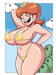 Rule 34 | 1girl, absurdres, arm behind head, arm up, bikini, blue eyes, breasts, brown hair, cloud, cowboy shot, crown, day, earrings, flower earrings, grimphantom, hand on own hip, highres, jewelry, large breasts, mario (series), medium hair, naughty face, navel, nintendo, open mouth, princess daisy, sky, solo, standing, super mario land, swimsuit, teeth, tomboy, tongue, tongue out