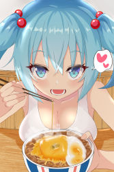 Rule 34 | 1girl, bare shoulders, blue eyes, blue hair, blush, breast rest, breasts, chopsticks, cleavage, collarbone, eating, food, gyuudon, hair bobbles, hair ornament, heart, highres, holding, holding chopsticks, ino cent, kawashiro nitori, large breasts, light blush, looking at viewer, medium hair, no headwear, noodles, open mouth, short twintails, sidelocks, solo, spoken heart, tank top, touhou, twintails, two side up, udon, white tank top