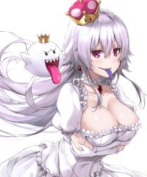 Rule 34 | 1girl, black eyes, breast hold, breasts, cleavage, colored tongue, commentary request, covered navel, crown, dress, earrings, elbow gloves, floating, frilled sleeves, frills, gem, ghost, gloves, grey hair, hair between eyes, highres, jewelry, king boo, large breasts, leaning forward, looking at viewer, luigi&#039;s mansion, mario (series), nanaku teiru, neck garter, new super mario bros. u deluxe, nintendo, open mouth, parted lips, princess king boo, puffy short sleeves, puffy sleeves, purple eyes, purple tongue, sharp teeth, short sleeves, simple background, super crown, teeth, tongue, tongue out, upper body, upper teeth only, v-shaped eyebrows, white background, white dress, white gloves