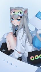 Rule 34 | 1girl, amashiro natsuki, animal ears, blue background, blue eyes, blush, box, cardboard box, cat ears, cat girl, cat tail, commentary request, eyebrows hidden by hair, facial mark, from side, grey hair, hair ornament, hairclip, highres, in box, in container, indie virtual youtuber, knees up, long hair, long sleeves, looking at viewer, looking to the side, mask, mask on head, nachoneko, parted lips, shirt, sleep mask, solo, tail, very long hair, virtual youtuber, white shirt