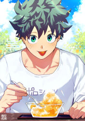 1boy absurdres blush boku_no_hero_academia food freckles fruit green_eyes green_hair highres looking_at_viewer male_focus mango midoriya_izuku shaved_ice shirt short_hair solo t-shirt tongue tongue_out white_shirt yazaki_(yazakc)