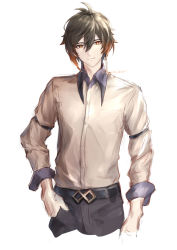 Rule 34 | 1boy, antenna hair, artist name, black pants, breast pocket, brown eyes, brown hair, brown shirt, buttons, closed mouth, collared shirt, colored tips, commentary, cropped legs, earrings, eyeshadow, fuyuni0307, genshin impact, gradient hair, hair between eyes, hand in pocket, highres, jewelry, long sleeves, looking at viewer, makeup, male focus, multicolored hair, orange hair, pants, pocket, red eyeshadow, shirt, shirt tucked in, sidelocks, signature, single earring, smile, solo, tassel, tassel earrings, twitter username, white background, wing collar, zhongli (genshin impact)