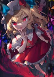 Rule 34 | 1girl, ascot, blonde hair, collar, commentary request, eyelashes, fang, flandre scarlet, frilled collar, frills, gunjou row, hair between eyes, hat, highres, laevatein (touhou), looking at viewer, mob cap, nail polish, one side up, puffy short sleeves, puffy sleeves, red eyes, red nails, red skirt, red vest, short sleeves, skirt, slit pupils, solo, tongue, tongue out, touhou, vest, yellow ascot