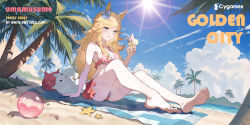 Rule 34 | 1girl, absurdres, alternate costume, animal ears, artist name, ball, barefoot, beach, beach towel, beachball, bikini, blonde hair, blue bow, blue eyes, blue sky, blush, bow, breasts, cleavage, cloud, cloudy sky, commentary request, copyright name, cup, dated, ear bow, feet, frilled bikini, frills, glass, gold city (umamusume), highres, holding, holding cup, horse ears, horse girl, knees up, lens flare, long hair, looking at viewer, medium breasts, ocean, outdoors, owl (ddap), palm tree, parted lips, sand, shade, sky, soles, solo, starfish, striped towel, stuffed animal, stuffed toy, sun, swimsuit, towel, tree, umamusume, underboob, very long hair, water
