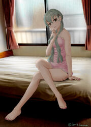 Rule 34 | 1girl, absurdres, alternate costume, alternate hairstyle, barefoot, bed, breasts, curtains, dress, hair over shoulder, highres, kantai collection, low twintails, medium breasts, nail polish, pink dress, red nails, sitting, smile, solo, sorairo haruka, suzuya (kancolle), toenail polish, toenails, twintails, window