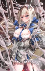 Rule 34 | 1girl, absurdres, between breasts, black gloves, blue bow, blue necktie, bow, braid, breasts, cannon, capelet, cowboy shot, dress, french braid, garter straps, gloves, grey capelet, grey dress, grey eyes, hair bow, headgear, highres, kantai collection, kentan (kingtaiki), large breasts, lattice mast, light brown hair, long hair, low twintails, maryland (kancolle), necktie, necktie between breasts, rigging, sleeveless, solo, standing, turret, twintails, very long hair